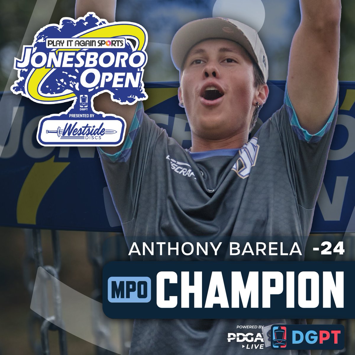 Anthony Barela picks up his THIRD win of the season and is your Play It Again Sports Jonesboro Open presented by <a href="/westsidediscs/">WestsideDiscs</a> Champion!!! 🏆