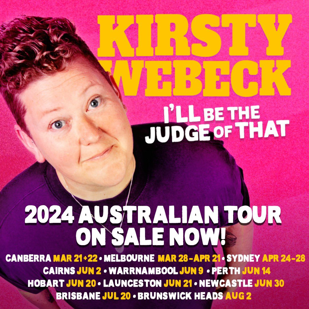 Hello mates, If you’ve seen the show and loved it, remember that I am heading off on a huge tour! Please tell your friends and family in all these places! Canberra is over but I’m doing an encore there on September 14! kirstywebeck.com/shows