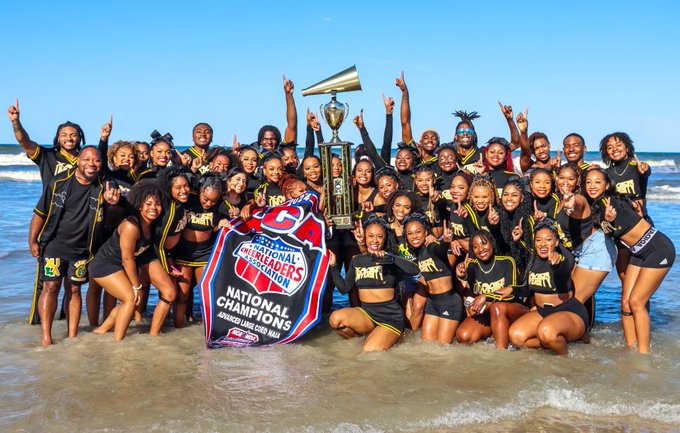 Xavier University of Louisiana wins a National Cheerleaders Association national title in the advanced large coed NAIA division per-XULA