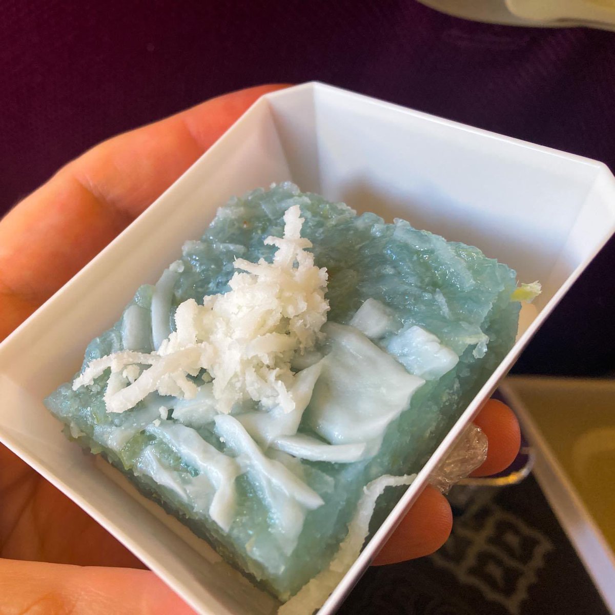 This light blue, gelatinous looking #dessert from #ThaiAirways was surprisingly good. It was filled with #StickyRice and #coconut.