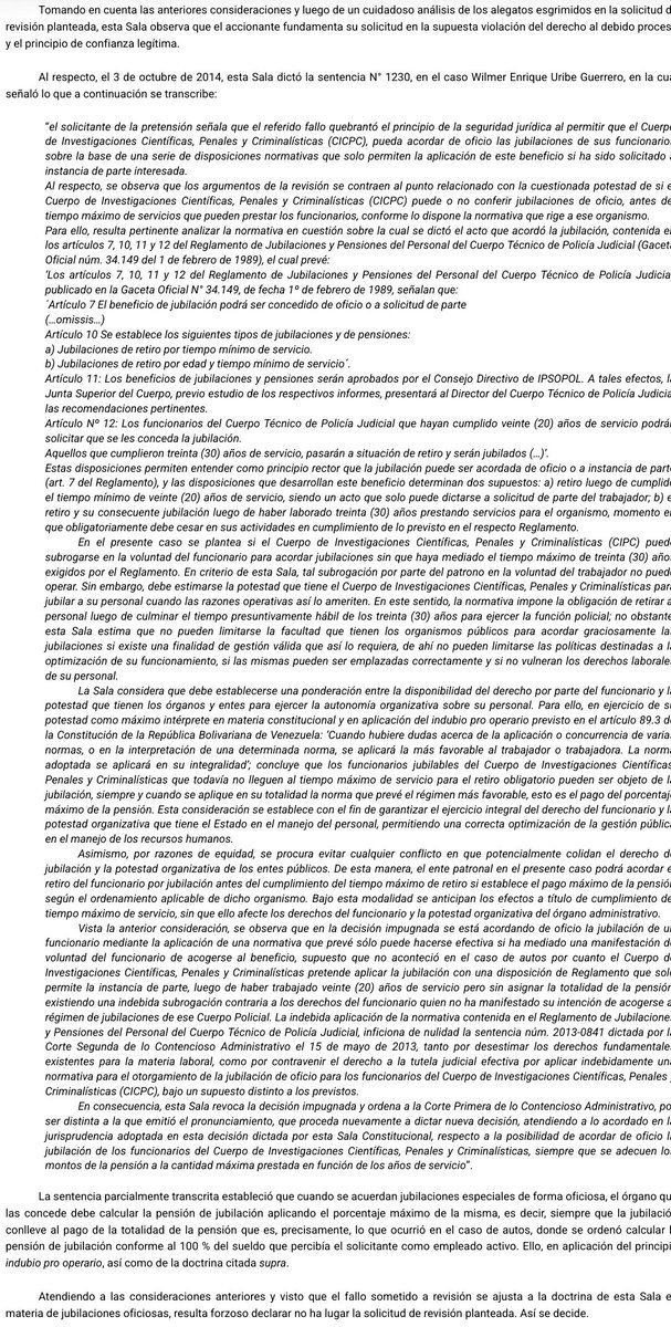 Sentencia N° 1030 del 31/07/2023 Sala Constitucional @TSJ_Venezuela Cuando se acuerdan jubilaciones especiales de forma oficiosa, el órgano que las concede debe calcular la pensión de jubilación aplicando el porcentaje máximo de la misma. CICPC historico.tsj.gob.ve/decisiones/sco…