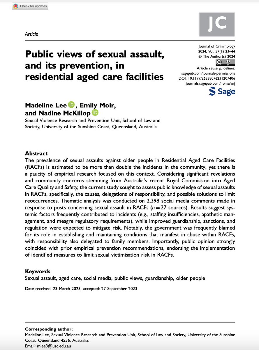 Considering significant revelations and community concerns stemming from Australia's Royal Commission into Aged Care Quality and Safety, Madeline Lee, @dremilymoir & @nadine_mckillop explore public knowledge of sexual assaults in these facilities shorturl.at/eHKM9