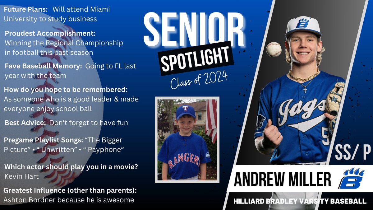 Senior Shout-Out 2024. This week, we recognize Andrew Miller. We wish you the best of luck in your senior year and for all that awaits you. #Seniors2024 @HBHSathletics @HBJagsBaseball