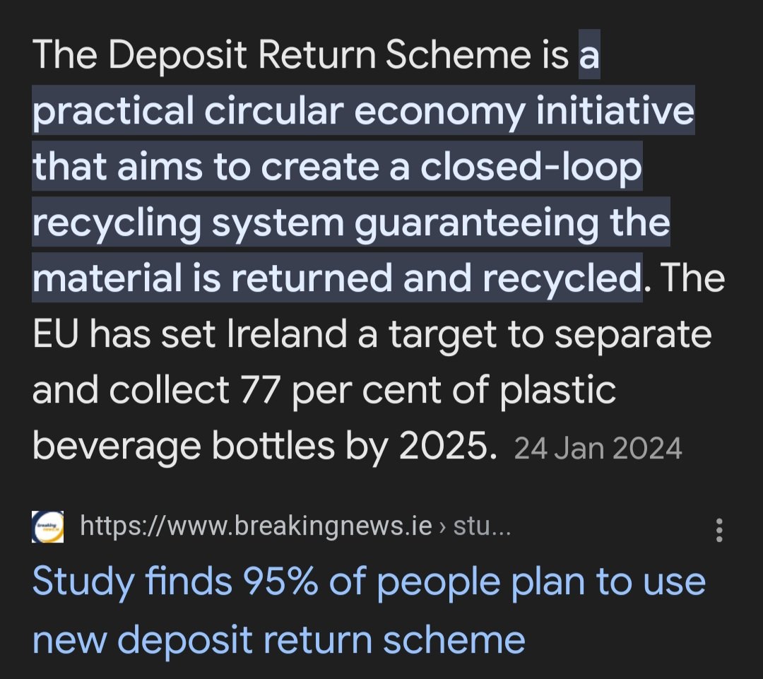 @an_brasan @EamonRyan It's an EU thing, they rushed in to get a pat on the head. The only guarantee is that the bottles will be burnt or go to landfills. There is no recycling of plastic, there never was, it's just separated from the metal for the incinerator.