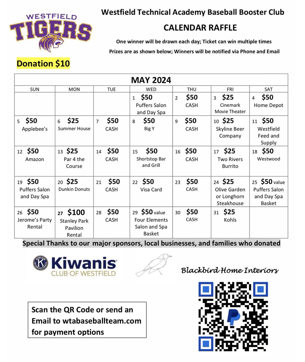 WTABaseball's tweet photo. Would you like to help out our Tigers Baseball Program?  Please buy one of our calendar raffle card for a mere $10.  Contact any player or coach or click on the QR code below.  Thanks and Go Tigers. https://t.co/AqD0thS5bQ