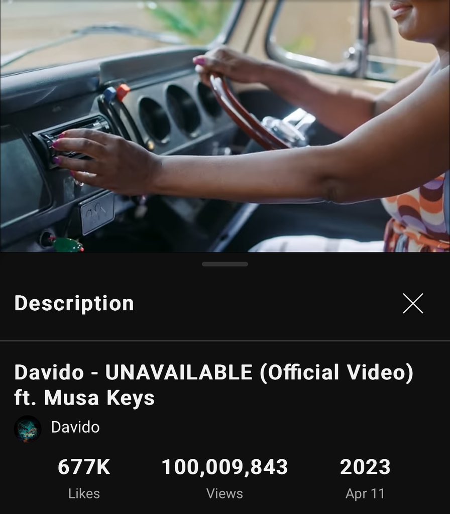 .@davido Featuring @MusaKeyss “Unavailable” music video has now surpassed 100 Million Views on YouTube.