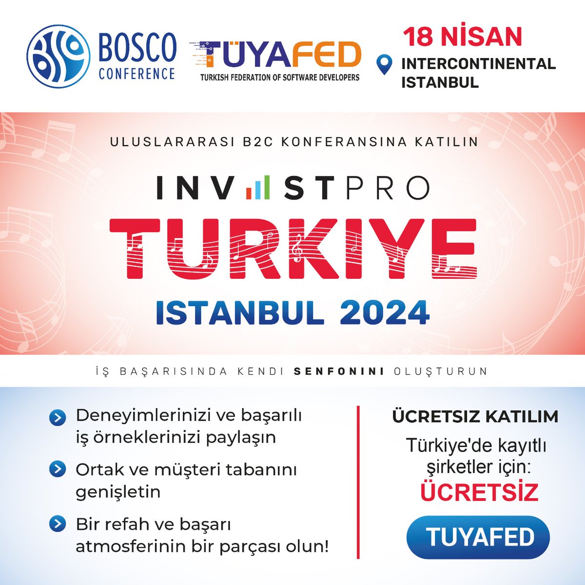 Uluslararası Bosco Konferansı,18 Nisan 2024 Tarihinde InterContinental İstanbul Oteli'nde gerçekleşecek. Fırsattan yararlanın - bağlantı üzerinden reg.bosco-conference.com/gxnzkp Promosyon kodu: TÜYAFED kullanarak ÜCRETSİZ kaydolun