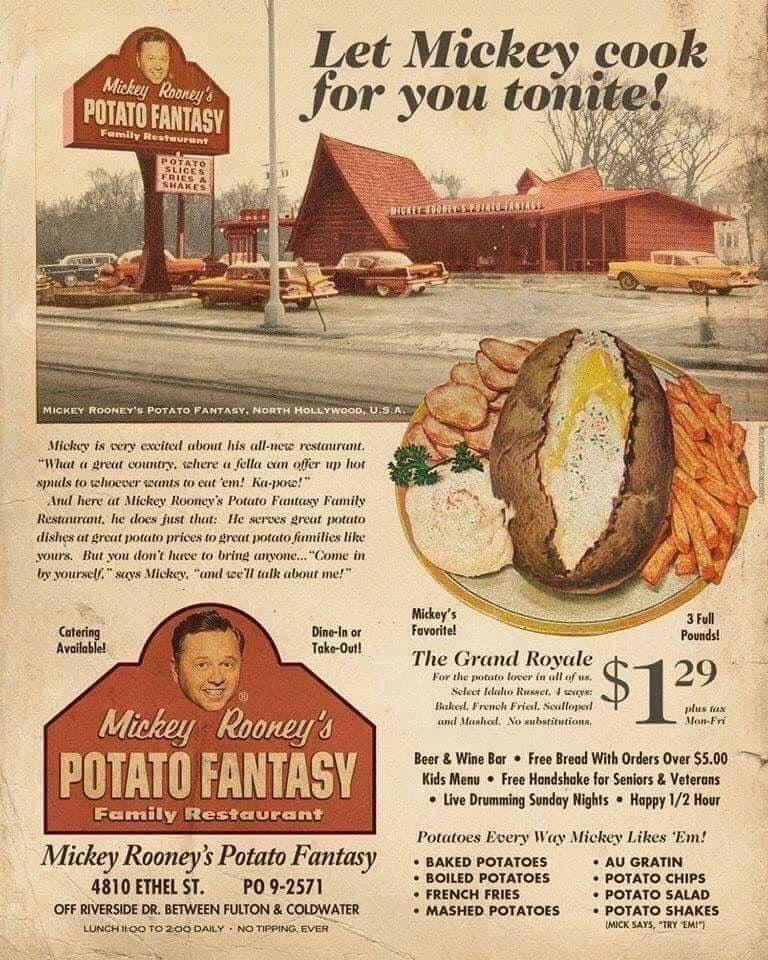 Hey, let's all head over to Mickey Rooney's Potato Fantasy for dinner! 🥔 If we hurry we can catch the live Sunday drumming 🪘