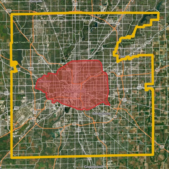 Yellow outline shows Indy borders and red filled in polygon shows Paris
