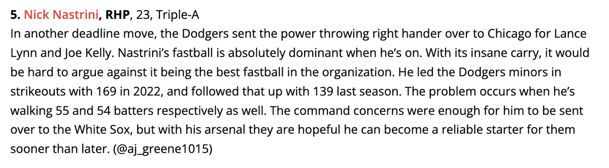 Will be watching Nastrini's debut tomorrow. @Prospects1500 had him ranked #5 in the #WhiteSox system in January's top 50 after being traded. Here is what I wrote on the newest pitcher in Chicago