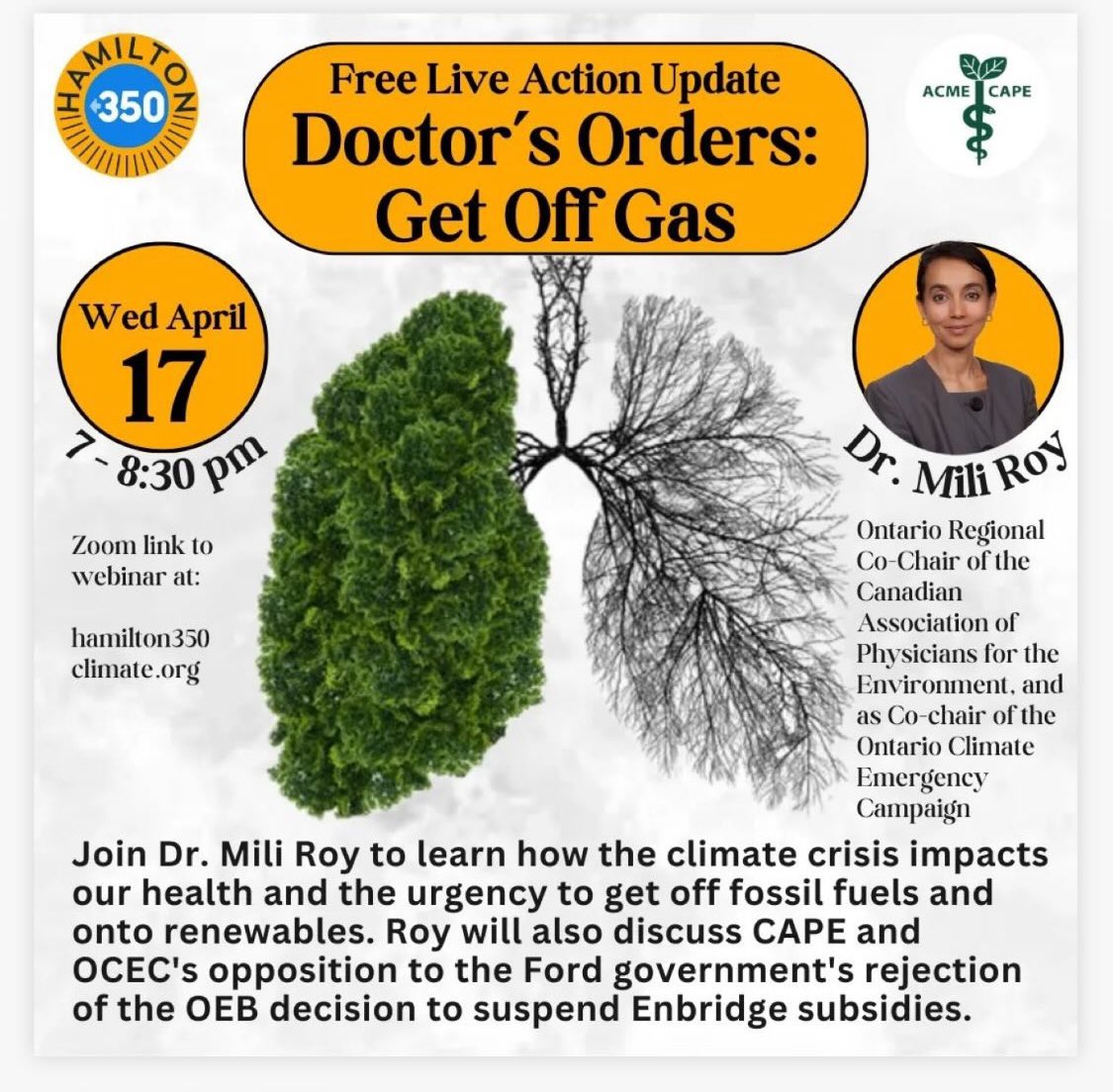 Join our webinar Wednesday @ 7PM!! We’ve got Dr. Mili Roy from @CAPE_ACME talking climate change, “natural” (aka methane) gas, greenwashing & what it all means for our health 🩺 How can we make our homes & cities healthier places to be? Zoom link: shorturl.at/bkyHY