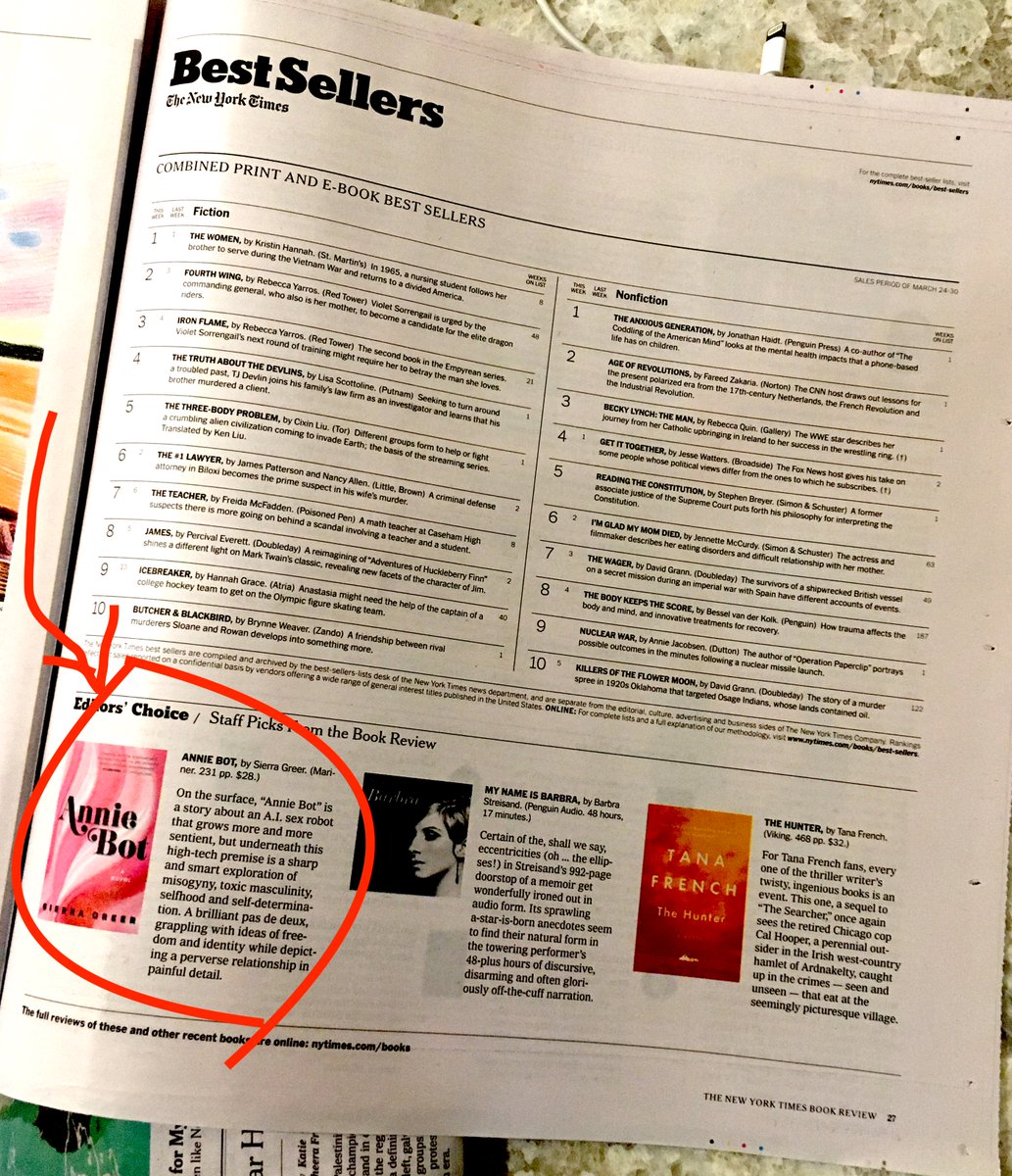 It's nice to see Annie Bot is an Editors' Choice in today's NYT Book Review. Thanks, @nytimes! nytimes.com/2024/04/11/boo…