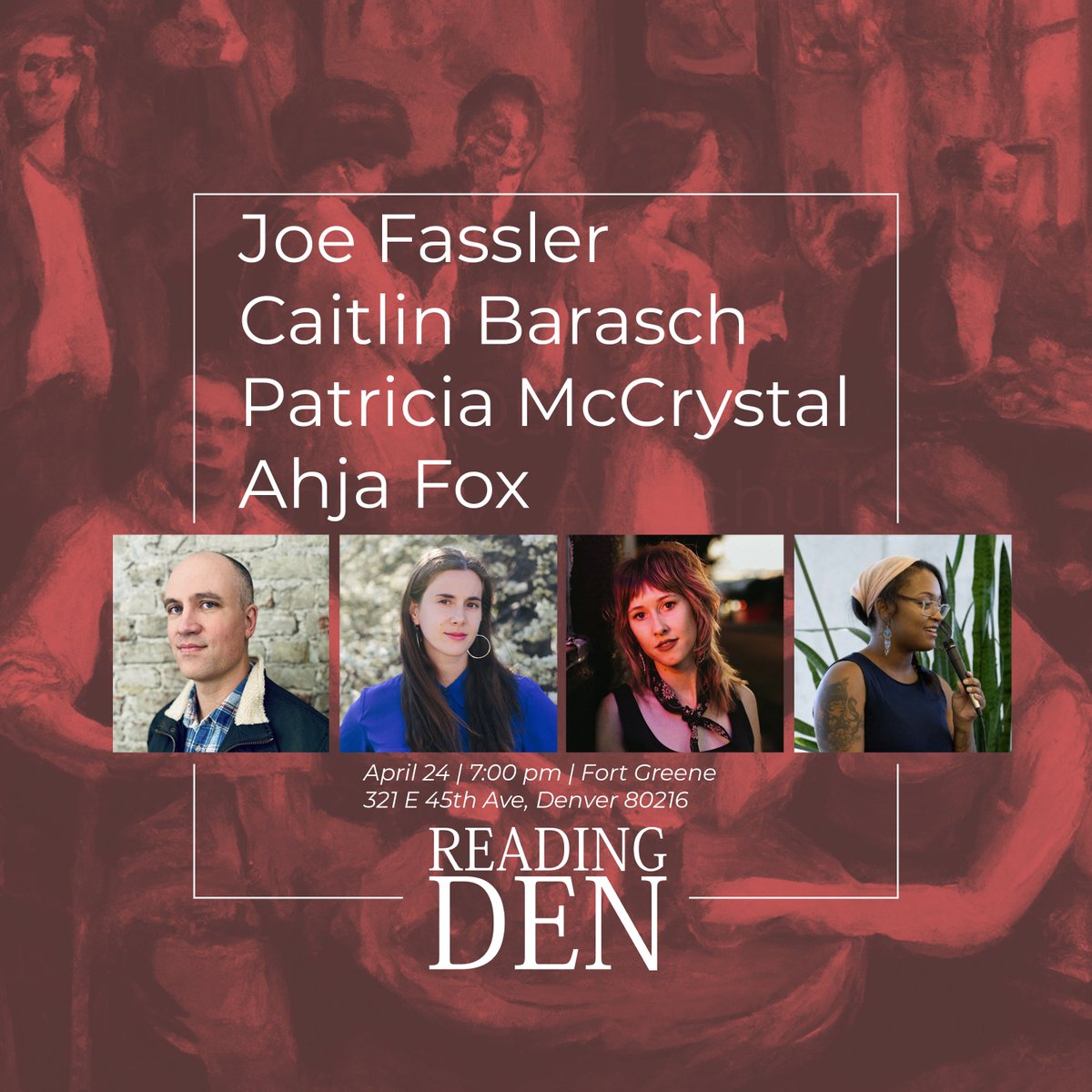 We're 10 days away from the next Reading Den! Join us on April 24th at 7pm at Fort Greene Bar to see @joefassler, @CaitlinBarasch, @pattymccrystal, and @aefoxx read their best writing! readingden.co/2024/04/02/apr…
