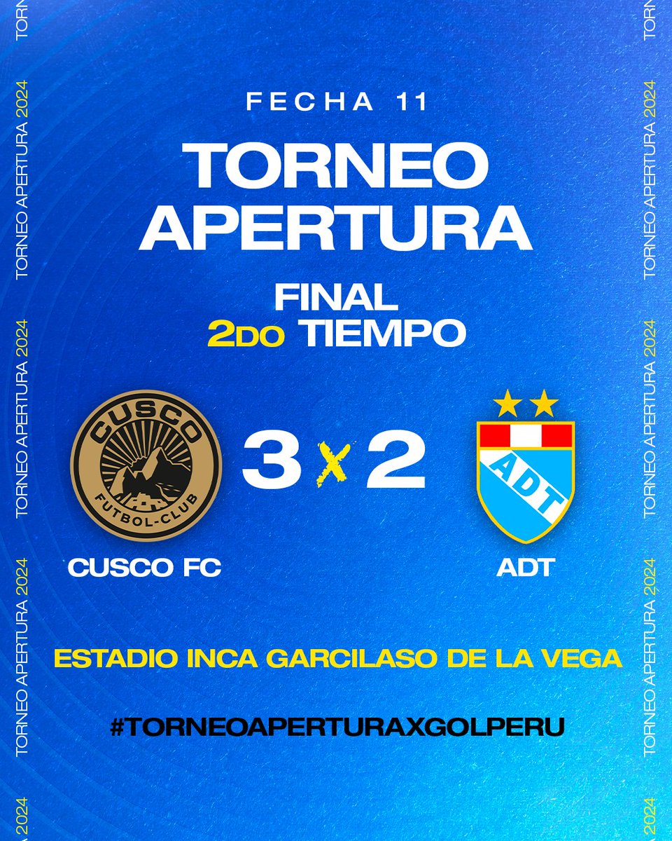 🚨 #ÚLTIMOMINUTO ¡LLUVIA DE GOLES! Con un agónico tanto de Luis Ramos ⚽️ en el minuto 95 🤯, @CuscoFC_2009 🟡⚫️ consiguió su 3era victoria consecutiva en el #TorneoAperturaXGOLPERU 🏆🇵🇪. Los 'Dorados' se metieron entre los 5️⃣ mejores 🔥. @adt_tarma 🔵 terminó con 9 jugadores 🟥.