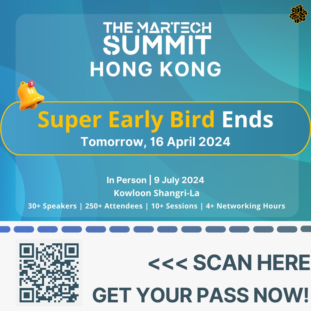 📢 Last Chance to get Super Early Bird pricing to join The MarTech Summit Hong Kong on 9 July at Kowloon Shangri-La👏🎉 👨‍💼 30+ speakers across industries 🤝 250+ MarTech enthusiasts with 4+ networking hours 🏷️ Brand-new agenda 🐦 Save 40% on your pass: themartechsummit.com/hongkong-regis…
