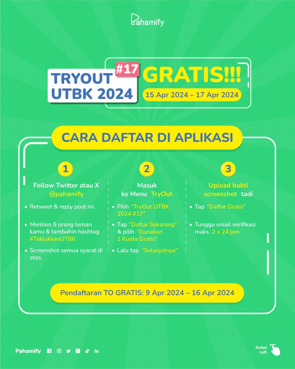 🎊TO GRATIS: Pendaftaran TO UTBK 2024 #17 Gratis DIBUKA!🎊 📆Pendaftaran: 9-16 Apr'24 ✏️Pengerjaan: 15-17 Apr'24 🥇TO PALING UPDATE mengikuti kisi-kisi Kemdikbud BP3 7 SUBTES. ⭐Udah ada tipe soal isian singkat loh! Cara daftar GRATIS di sini ⬇️