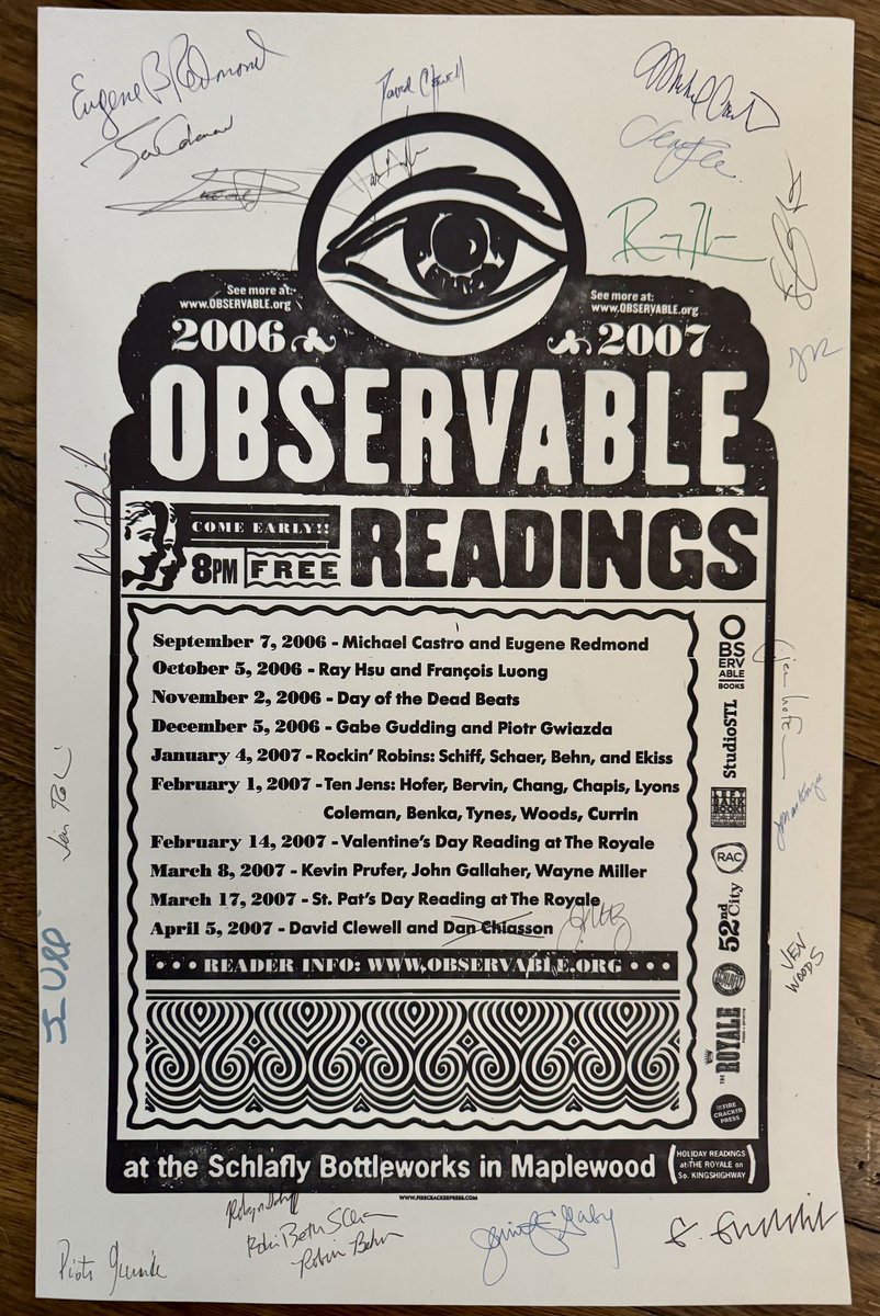 A bit of St. Louis literary history: Observable Readings 2006-07 platen press-printed poster, signed by the poets.