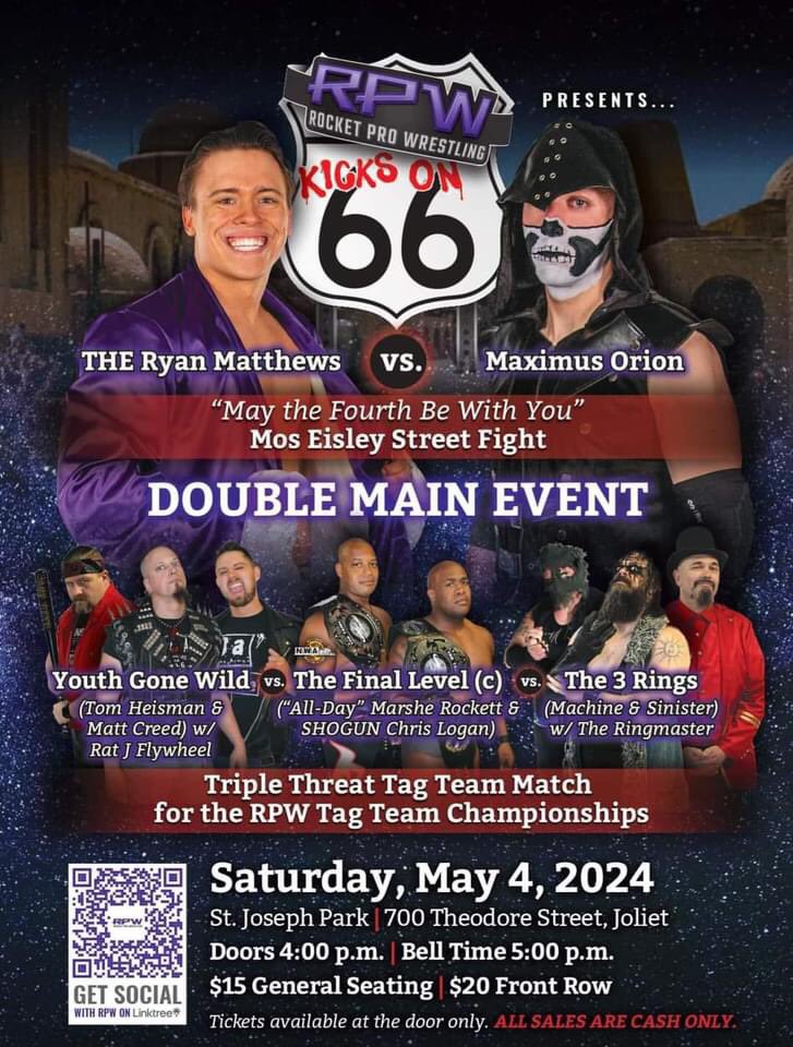 The #RPW Tag Team Championships will be on the line in a Triple Threat Tag Team Match on May 4th in Joliet, IL! #YGW #FinalLevel #The3Rings #NWA #ProWrestling #EventFlyer #ViralPost #MayThe4thBeWithYou #KicksOn66 #StarWarsDay #GetTickets #Share