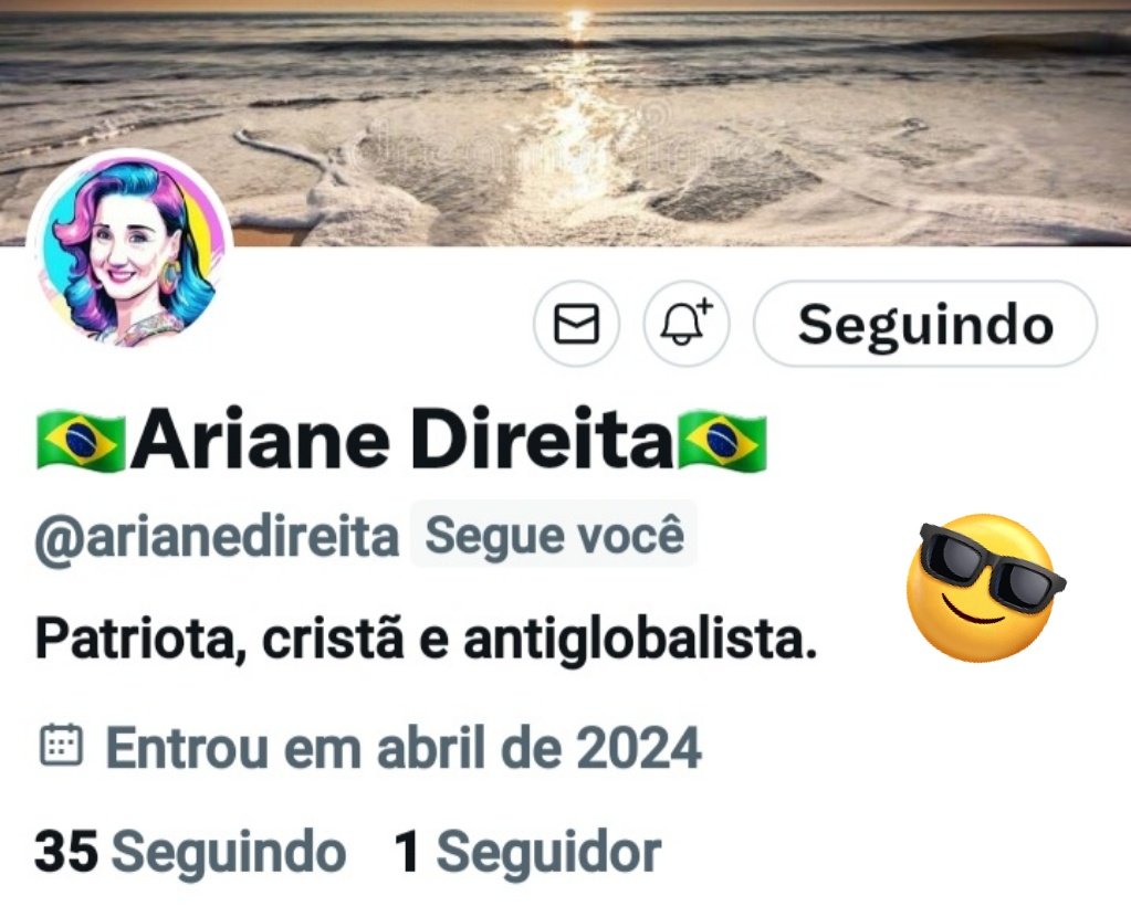Amigos, quem puder seguir a patriota @arianedireita, ela segue 100% de volta! Vamos apoiá-la?! #BrazilSupportIsrael