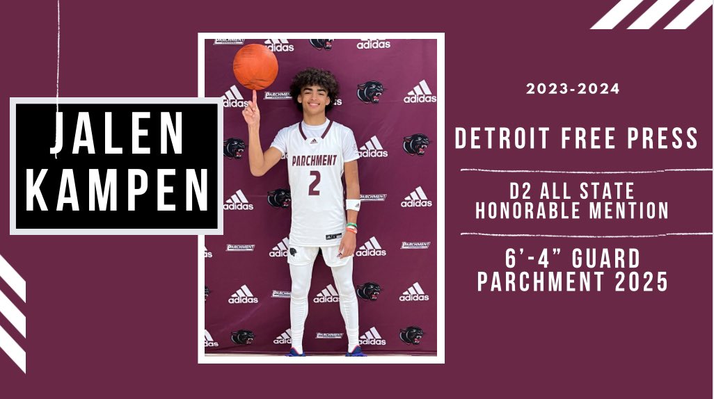 Congratulations to Parchment’s Jalen Kampen 2025 for receiving Detroit Free Press HM All State adding to his AP First-Team, Detroit News Fourth-Team and Mitten Prep Hoops Fourth-Team honors.