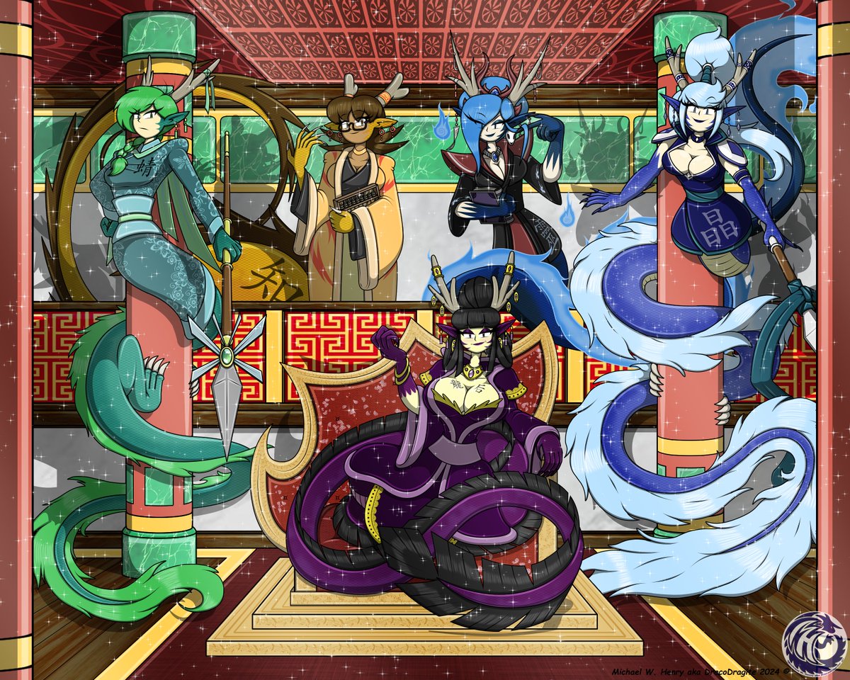 Finally finished my special Dragon Pic. For those wondering, the Chinese characters are as follows. Donna - Dragon + Empress 
Valery - Dragonfly 
Tiffany - Crystal 
Jenna - Knowledge 
Umbra - Spirit 
Hope you all enjoy it as much as I do.