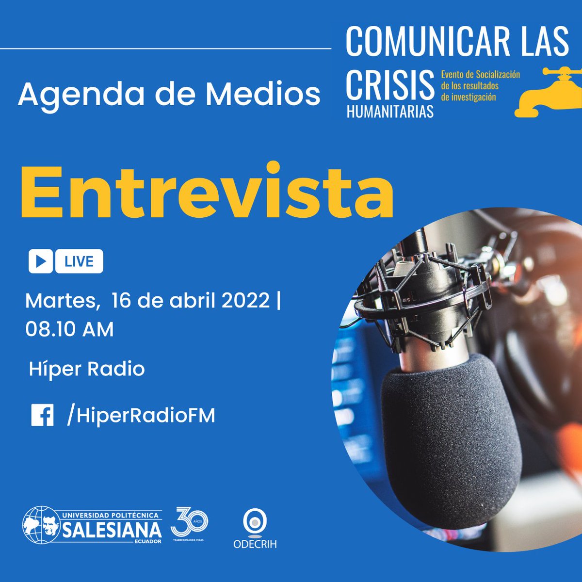 📢¡Únete a nuestras entrevistas en vivo! Hablaremos sobre crisis humanitarias, discursos de odio, migración y desinformación en los medios. Además, te informaremos sobre el evento "Comunicar las Crisis Humanitarias" de la <a href="/ComUPSCuenca/">Carrera de Comunicación - UPS Sede Cuenca</a>  y ODECRIH. ¡No te lo pierdas!