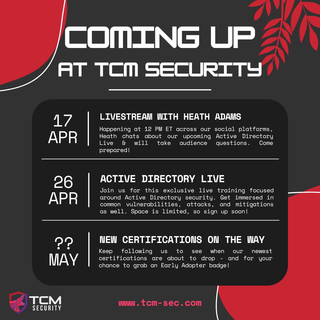 Here's your Sunday night look ahead to what's on the horizon. A Wednesday livestream with @thecybermentor, an #ActiveDirectory Live Training next Friday, and a reminder about new certs headed your way soon. 

Want to dig more into next week's AD Live, hosted by Heath? Go here: