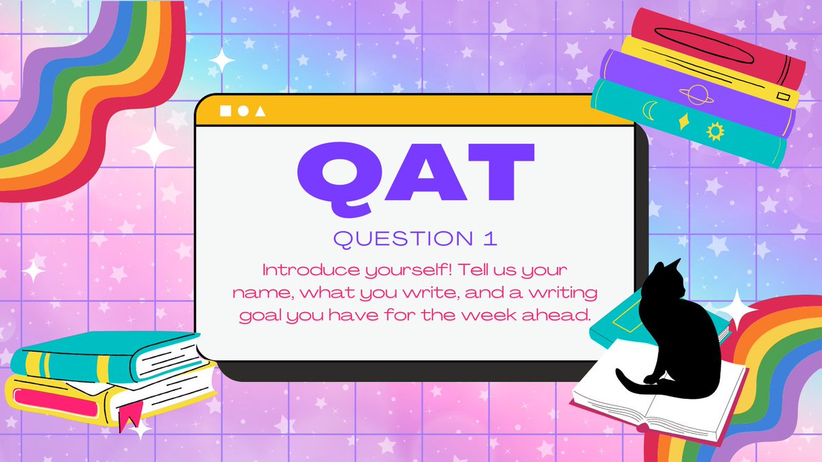 Welcome back to another night of #QATalk! Reply or QT to respond to prompts, and don't forget to engage with others, too! 🌈 Q1: Introduce yourself! Tell us your name, what you write, and a writing goal you have for the week ahead.