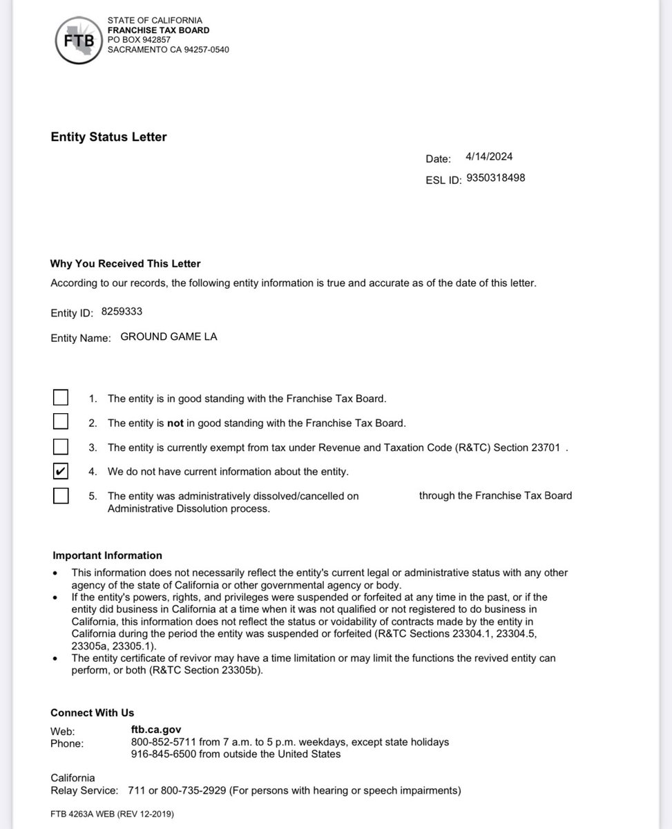 According to the California Franchise Tax Board lookup, two entities under the name @GroundGameLA are not exempt. One is suspended, and the other is closed. The one with the current address is listed as not in good standing with the Franchise Tax Board as of 4/14/24. ???