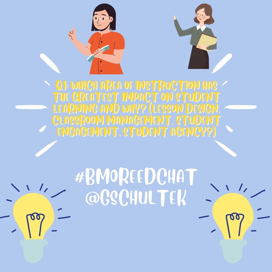 Q1: Which area of instruction has the greatest impact on student learning and why? (lesson design, classroom management, student engagement, student agency?) Cc: @GSchultek #BmoreEdChat
