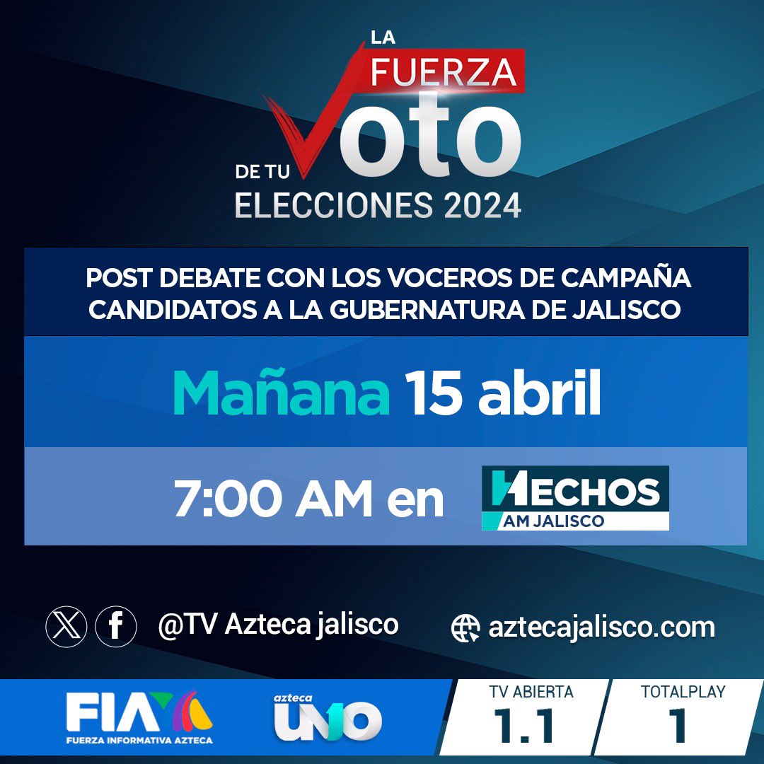 ¡No te pierdas el post debate de Voceros de Campaña Candidatos a la Gubernatura de Jalisco! Tendremos como invitados especiales a Salvador Zamora, Alcalde con Licencia de Tlajomulco, Vocera de Pablo Lemus; Mariana Fernández, Regidora de Guadalajara con Licencia por Morena,