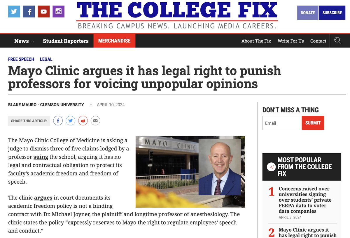 In this week's Roundup, this article @CollegeFix on the case involving @DrMJoyner has been the one that subscribers have most frequently clicked on. thecollegefix.com/mayo-clinic-ar…