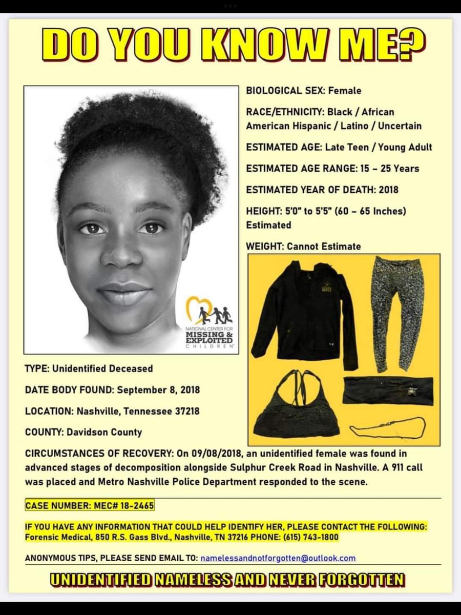 Still #Unidentified recovered Sept. 8, 2018 on Sulphur Creek Rd in #NashvilleTN if you have any information please contact the  Medical Examiner Office at 615-743-1800 
#SomebodysDaughter #MissingPerson #WhoAmI