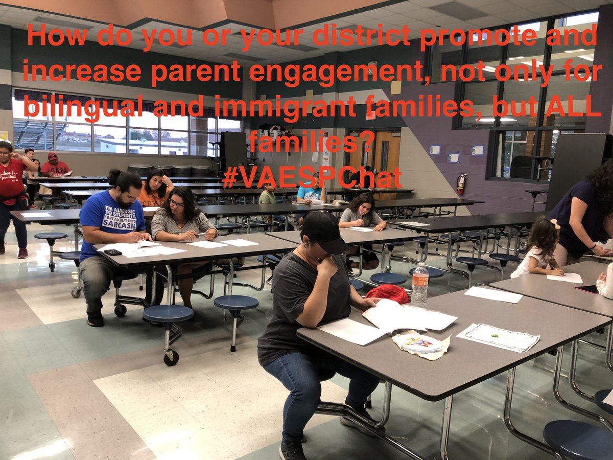 A2: As a principal, I would engage families in the decision making process. In the picture you see our new families helping us develop our parent/school contract. When you empower your families, they will support you 100%. #VAESPchat