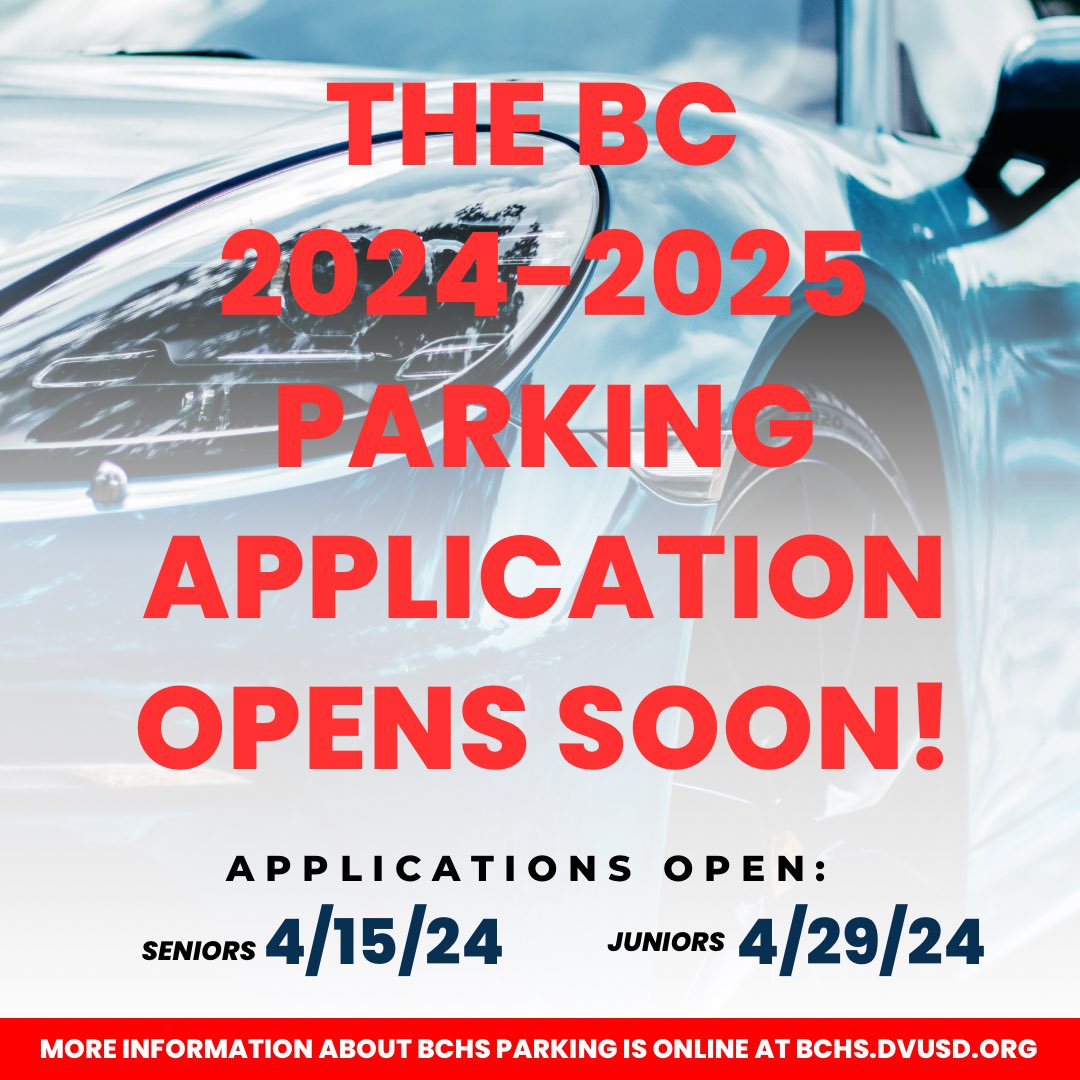 Our parking application opens for current juniors tomorrow! Sophomores can apply on 4/29! All applicants must be licensed drivers. More information on BCHS.dvusd.org! @DVUSD @BcJagNation