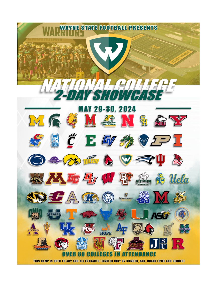 I’m excited to attend/compete at the Wayne State 2-Day National Showcase on May 29-30th. It’s a chance to compete against some of the best and show off my off season work. Can’t wait to see all the coaches there! #getbettereveryday #workharder @CoachShort_ @LegacyMI_FBall…