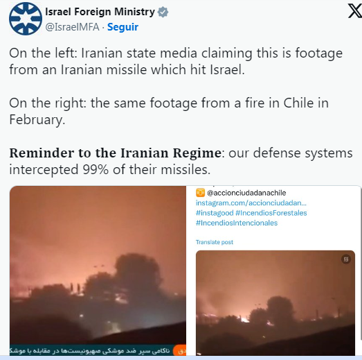 Iherreraa's tweet photo. #URGENTE El Ministerio de Relaciones Exteriores de Israel mostró foto difundida por Irán sobre ataques de ese país a Israel, pero esa foto corresponde a incendios  en Chile  A la izquierda, la foto presentada por Irán.  A la derecha, la foto de los incendios en Chile en febrero. https://t.co/iEm2pBoAS0