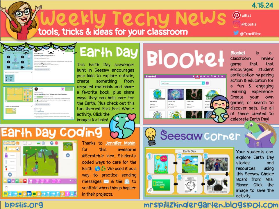 🌎📰Earth Day Weekly Tech-y News📰🌎 🔎Scavenger hunt & @khanacademykids inspired activity in @Seesaw ♻️Code how to care for Earth in @ScratchJr ✅Review what you know about Earth in @PlayBlooket 💜Earth Day choice board from @risserb ➡️bit.ly/3xISrXW⬅️