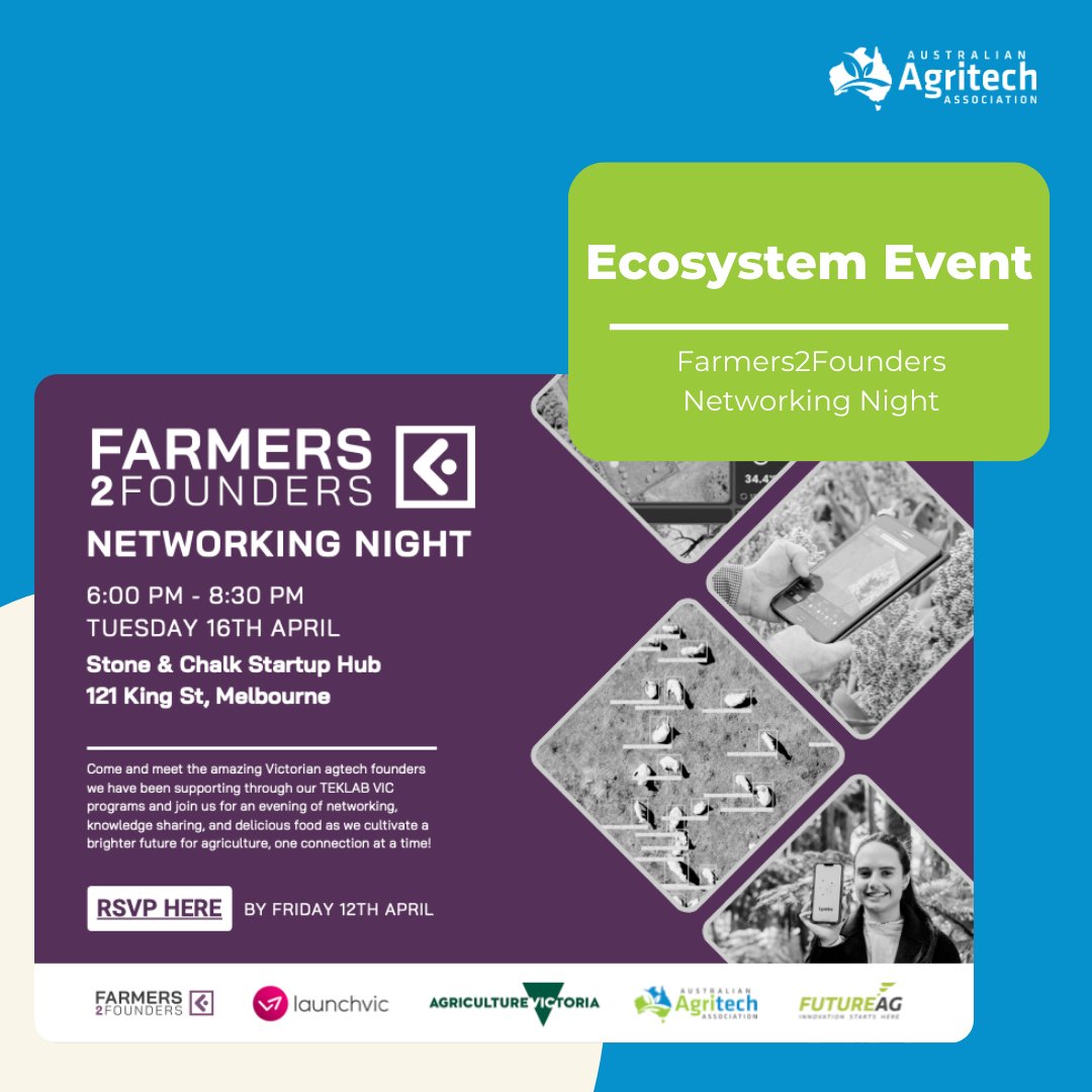 🚀 Kickstart your journey at the Farmers2Founders Networking Night before the FutureAg Expo in Melbourne! When: Tuesday April 16th @ 6pm-9pm Where: Stone & Chalk Startup Hub Secure your tickets here: loom.ly/CHZnvR8 #AgTech #Networking #FutureAgExpo