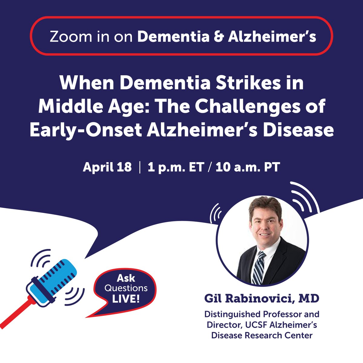 Join our conversation and live Q&A on April 18 with guest expert Dr. Gil Rabinovici to explore how early-onset Alzheimer's disease, which affects individuals as early as their 30s and 40s, differs from the most common form of the disease. Learn more: bit.ly/42x1AOJ