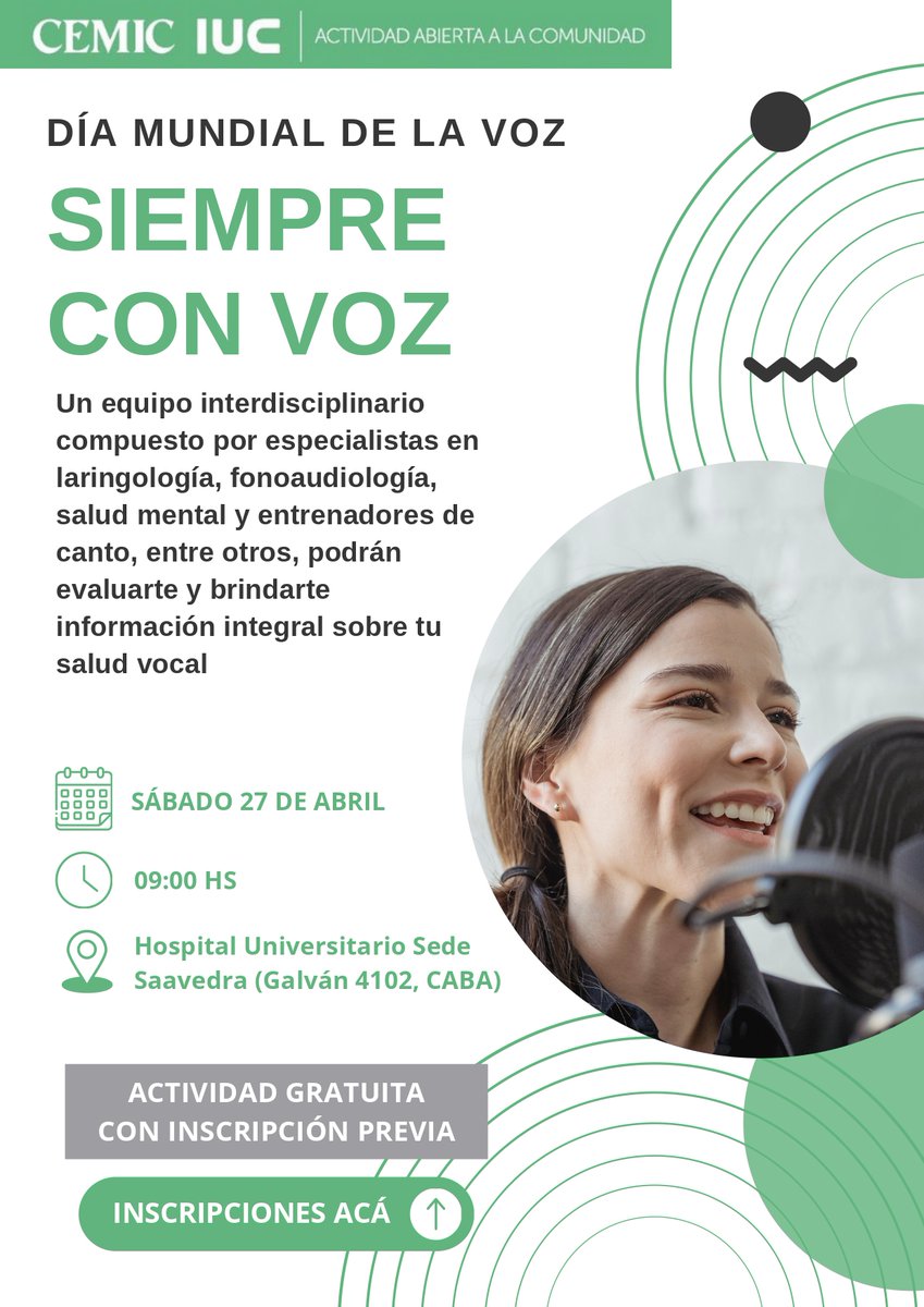 El 16 de abril se celebra el “Dia Mundial de la #Voz” 
el próximo #27 de #abril desde las  9 se realizara un screening gratuito ¿ya te anotaste? hacelo completando el #formulario  docs.google.com/.../1FAIpQLScG…
 Equipo multidisciplinario #laringologia, #fonoaudiologia, #psicoanalistas