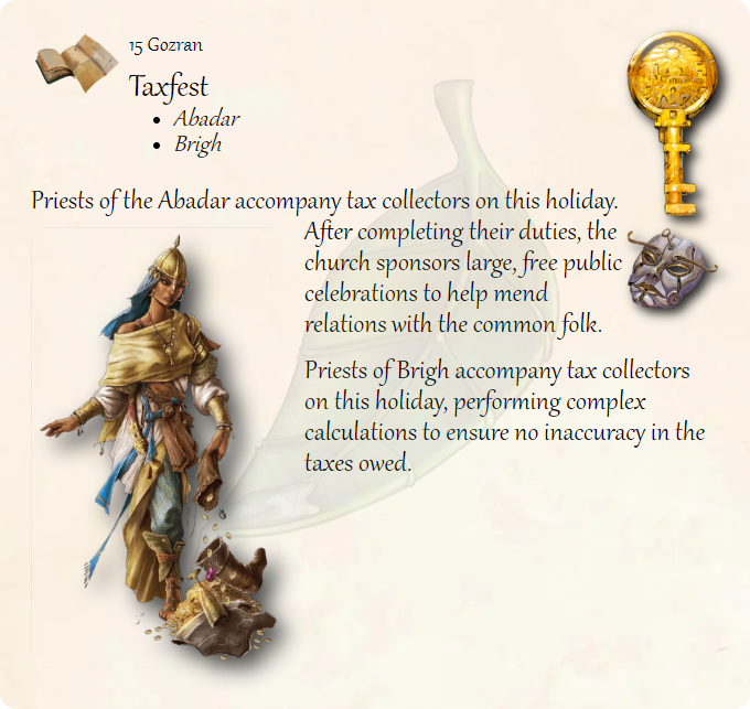 15 Gozran: Taxfest
 #Abadar #Brigh #Taxfest
 bit.ly/3PNDutN
Priests of the Abadar accompany tax collectors on this holiday. After completing their duties, the church sponsors large, free public celebrations to help mend relations with the common folk.

Priests of Brigh…