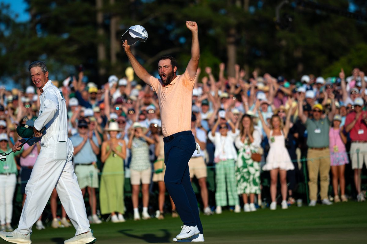 Scottie Scheffler reacts after winning his second Masters at Augusta National Golf Club.