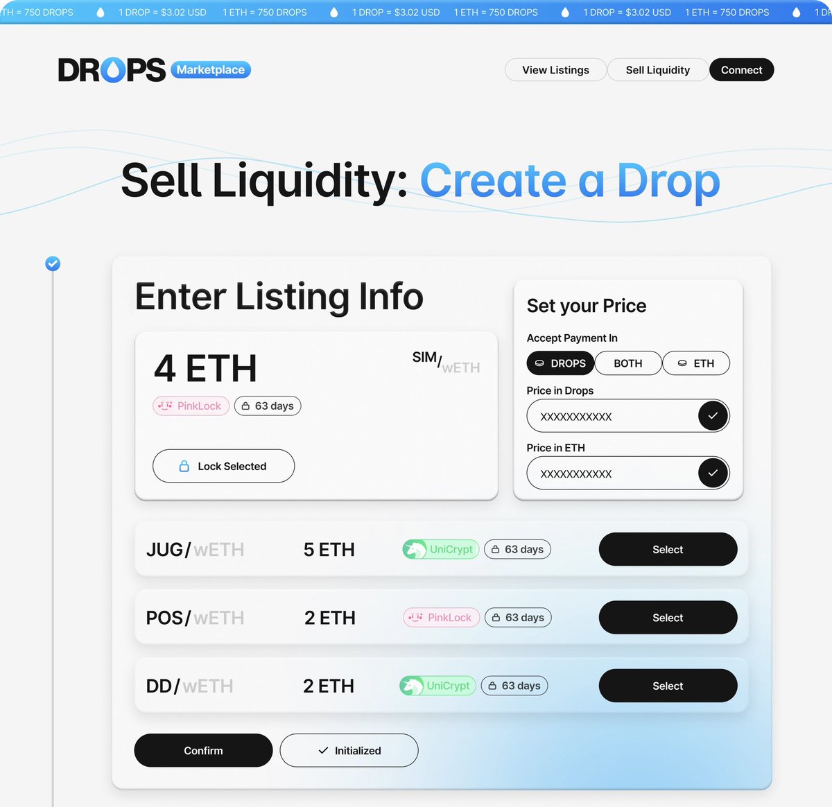 DropsERC's tweet photo. Selling your locked liquidity is about to become even easier. 

Users seeking to list a pair on the $DROPS Marketplace will now simply have to connect their wallet, at which time every lock they own will appear automatically.

Simply select the lock you wish to sell and you are good to go! 

Lookout for the implementation of this streamlined feature alongside the release of our complete UI redesign!