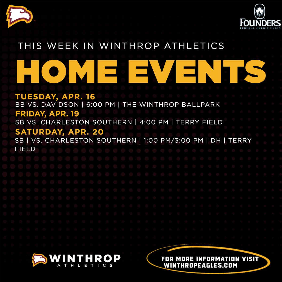 𝗧𝗵𝗶𝘀 𝗪𝗲𝗲𝗸 𝗜𝗻 𝗪𝗶𝗻𝘁𝗵𝗿𝗼𝗽 𝗔𝘁𝗵𝗹𝗲𝘁𝗶𝗰𝘀 @WinthropBSB mid-week home contest with Davidson @Winthropsoftbal huge one at Clemson on Tuesday and hosting Charleston Southern in Big South play @WUGolf and @WinthropWGolf at Big South Championships #ROCKtheHILL