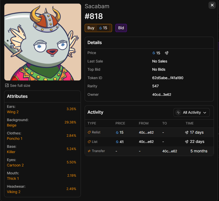 0xJosha's tweet photo. 🔫I sniped it . Sacabam #818 Rarity 547 Top 40% Average sale price of NFTs rarity tier : 72.128 $SUI
▄︻デ══━一🔥 #Tradefest @tradeportxyz https://t.co/0AdM6L6yNF