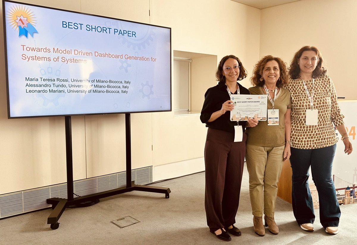 Congratulations to the authors of the best short paper of SESoS <a href="/ICSEconf/">ICSE</a>:

"Towards Model-Driven Dashboard Generation for Systems-of-Systems" by
Maria Teresa Rossi, University of Milano Bicocca; Alessandro Tundo, TU Wien (TUW); Leonardo Mariani, University of Milano-Bicocca