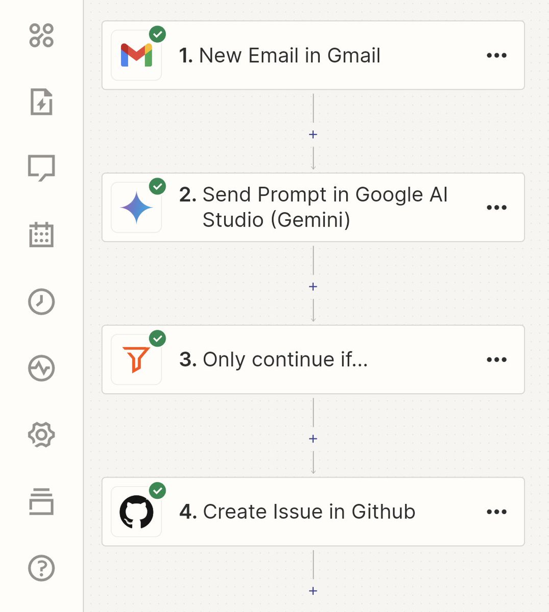 Obsessed with how quick and easy it is to create multi-step automations using the Gemini APIs + Workspace. ❤️ Ex: for each new email, if that email contains constructive feedback or a bug report for one of my OSS projects, file it as an issue on that repo and tag it as 'bug'.