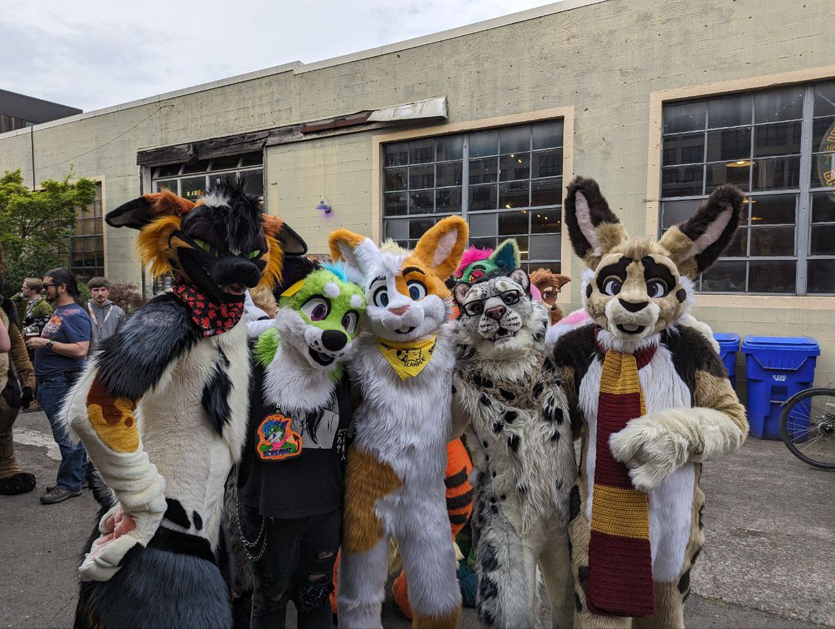 I debuted my @Beetlefursuits snep fursuit yesterday at the inaugural @SlabtownScamper event in Portland, OR! I loved getting to show off my suit - pictured here with @CassiusF0x, @DogChomp, @BuckleyDeer, and @Rabidrabbit56 !