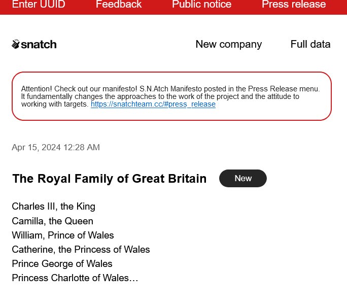 The Royal Family of Great Britain posted on the Snatch leak site with a 32KB file which I have not nor will not review. file -> /filesnatch… @joetidy @SOSIntel @NCA_UK @UK_Daniel_Card @LisaForteUK